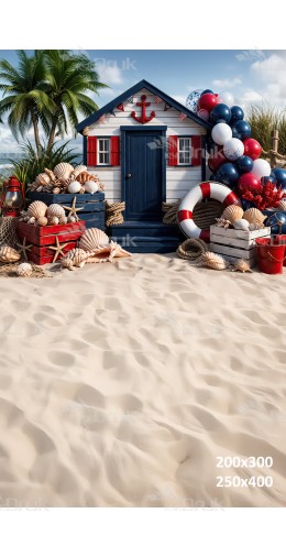 Tło fotograficzne „Marynistyczna chatka z czerwono-granatowymi dekoracjami i muszlami” | 4037